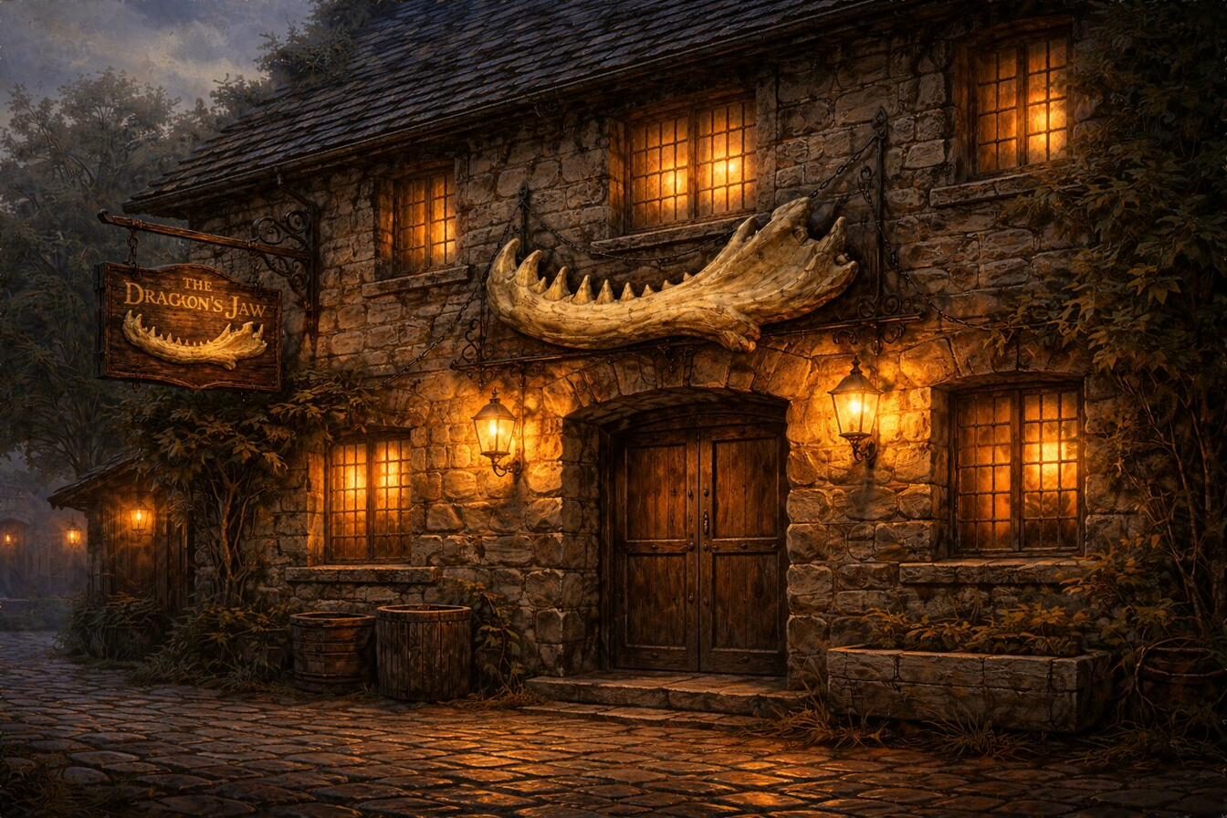 The exterior of The Dragon's Jaw at dusk, warm light spilling from the windows