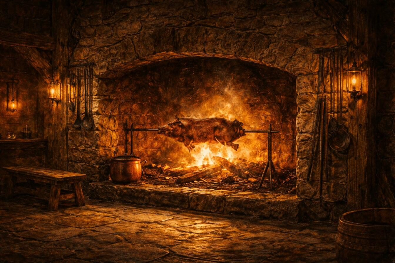 The great stone fireplace with a whole pig turning on the roasting spit