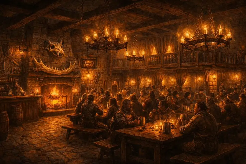 The common room of The Dragon's Jaw, packed with patrons beneath iron chandeliers