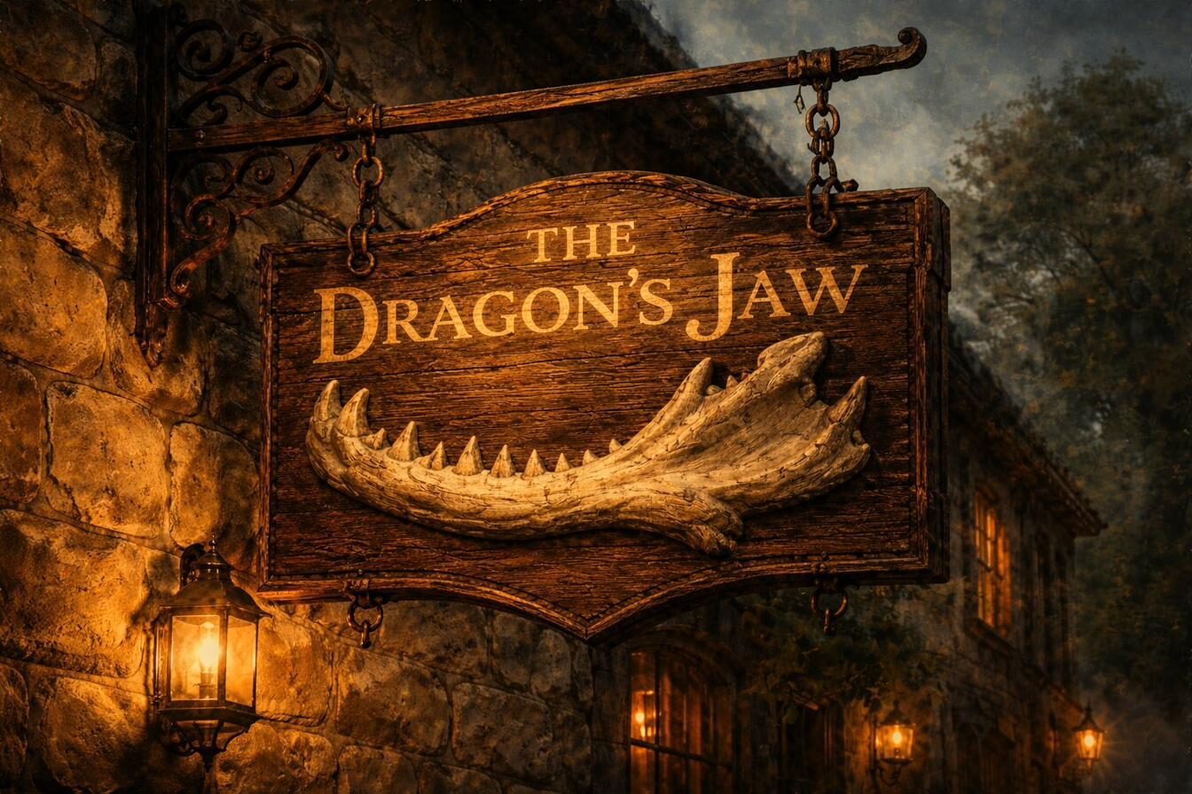 The Dragon's Jaw — carved wooden tavern sign with a mounted dragon jawbone