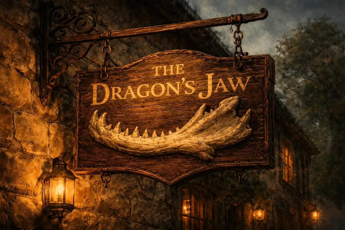 The Dragon's Jaw — carved wooden tavern sign with a mounted dragon jawbone
