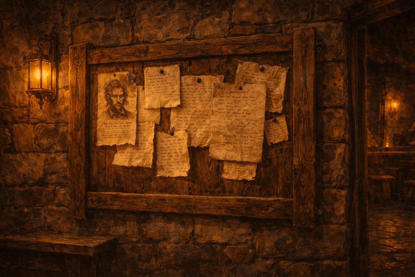 The noticeboard by the tavern entrance, covered in handwritten notices